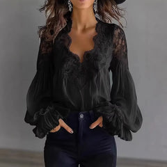 Lace Trim V-Neck Bubble Sleeve Blouse