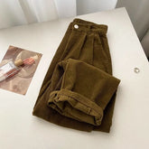 Retro Corduroy Pants, Multi-color High Rise Loose Fit Casual Fall Bottoms