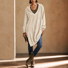 Loose Fit Corduroy V-Neck Hooded Long Sleeve Tunic Top