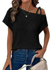 Waffle Knit Asymmetrical Cold Shoulder T-Shirt