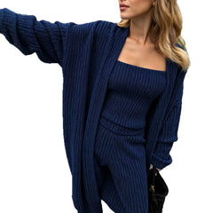 Casual Knit 3 Piece Matching Set, Heather Grey Long Duster Cardigan Cami And Wide Leg Pants Outfit