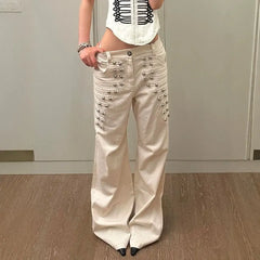 Y2K High Waist Cream Wide Leg Jeans, Metal Stud Decor Flare Denim Trousers