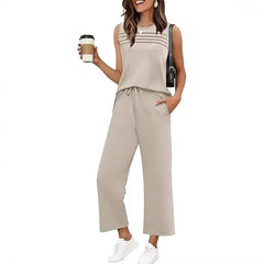 Solid Sleeveless Striped Detail Tank Top & Drawstring Cropped Pants