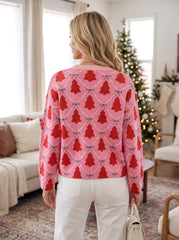 Pink Christmas Tree Bow Print Pullover Sweater
