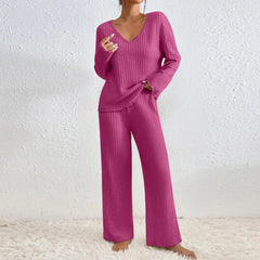 Ribbed Knit V Neck Long Sleeve Top and Wide Leg Pants 2 Piece Loungewear Set