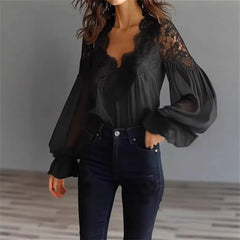 Solid Lace Trim V-Neck Blouse