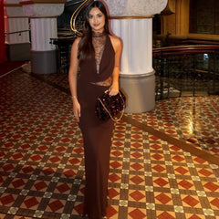 Chocolate Brown Halter Maxi Dress, Lace Cutout Backless Formal Gown
