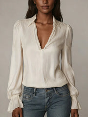 Puff Sleeve Ruffle Cuff Textured V Neck Blouse
