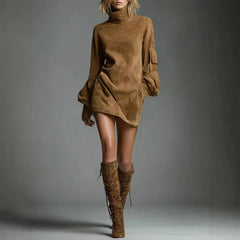 Retro Western Faux Suede Mini Dress High Neck Lantern Sleeve Cargo Pocket Loose Tunic Dress