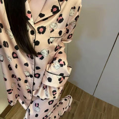 Cute Kitty Leopard Print Satin Ladies Sleepwear, 2 Piece Long Sleeve Top & Pants Pajamas