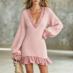 Deep V Lantern Sleeve Leopard Print Ruffle Knit Mini Dress