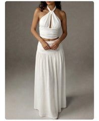 Halter Cutout Crop Top Maxi Skirt 2 Piece Outfit Textured Crinkle Matching Set