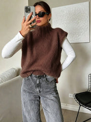 Coffee Brown High Neck Knit Sweater Vest