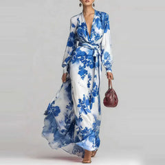 Pink Floral Deep V-Neck Belted Long Sleeve Maxi Dress