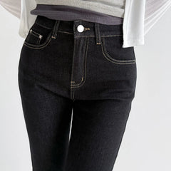 Mid Waist Slim Stretch Retro Split Hem Straight Nine-Point Jeans