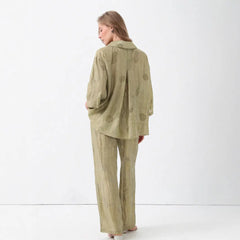 Printed Lapel 3/4 Sleeve Shirt & Wide Leg Long Pants Two Piece Casual Set