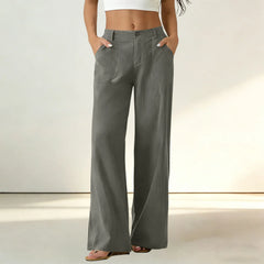 High Waist Patch Pocket Casual Linen Wide Leg Floor Length Pants
