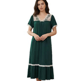 Ladies Vintage Green Nightdress, Floral Lace V-Neck Bow Decor Short Sleeve Sleep Gown