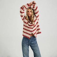 Casual Striped Collared Knit Cardigan Long Sleeve Button Front Sweater for Women