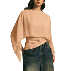 Elegant Two Piece Look Cape Sleeve Top, Asymmetric Hem Ruched Fitted Tee
