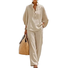 Solid Color Casual Two-Piece Shirt & Pants Set
