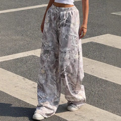 Camo Maple Leaf Print Wide Leg Pants Elastic Waist Loose Casual Trousers