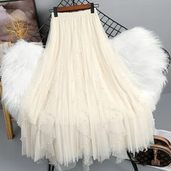 Pearl Beaded Asymmetrical Tulle Maxi Skirt