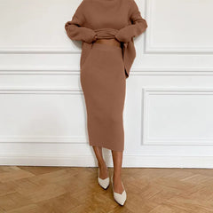 Brown Ribbed Knit Turtleneck & Midi Skirt Set