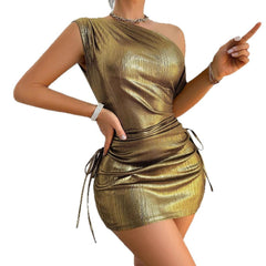 Metallic One-Shoulder Mini Dress