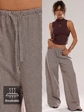 Brown Plaid Drawstring Wide Leg Long Pants