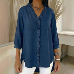 Ruffled V-Neck Three-Quarter Sleeve Blouse