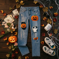 Halloween Pumpkin Ghost Patch Ripped Jeans