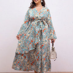 Plus Size Floral Print V‑Neck Wrap Long Dress