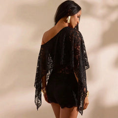 Black Lace One Shoulder Cape Sleeve Crop Top