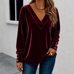 V Neck Velvet Long Sleeve Casual Top