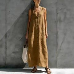 Solid V-Neck Sleeveless Button Front Casual Maxi Dress