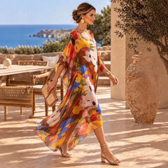 Colorful Floral Print Kaftan Maxi Dress, V-Neck Flowy Batwing Sleeve Beach Dress