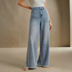 Mid Waist Pearl Beaded Straight Leg Denim Jeans