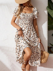 Square Neck Ruffle Sleeve Leopard Print Smocked Waist Midi Dress