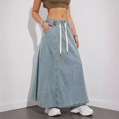 Elastic Waist Denim Maxi Skirt