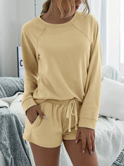 Crew Neck Solid Raglan Long Sleeve Top & Drawstring Shorts Pajama Set
