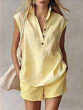 Solid Color Stand Collar Sleeveless Shirt & Shorts Two Piece Casual Set