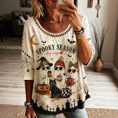 Halloween Spooky Season Ghost Pumpkin Print Crew Neck Short Sleeve T‑Shirt