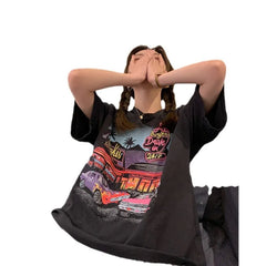 Oversized Crew Neck Retro Car Diner Graphic Loose Short Sleeve T-Shirt