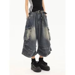 Multi Cargo Pocket Gradient Washed Cropped Baggy Jeans