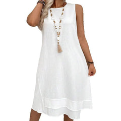 Round Neck Sleeveless Asymmetric Layer Hem Loose Linen Blend Casual Shift Dress