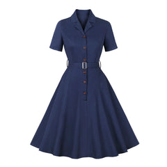 Lapel Short Sleeve Button Front Belted Vintage Swing Midi Dress