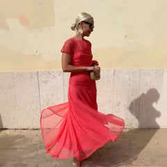 Coral Sheer Mesh Maxi Dress