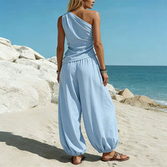 2 Piece Outfit, One Shoulder Ruched Tank Top and Loose Harem Pants Set