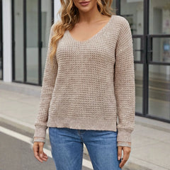 Trendy Back Cutout Tie Knit Pullover Long Sleeve Cropped Statement Sweater for Women